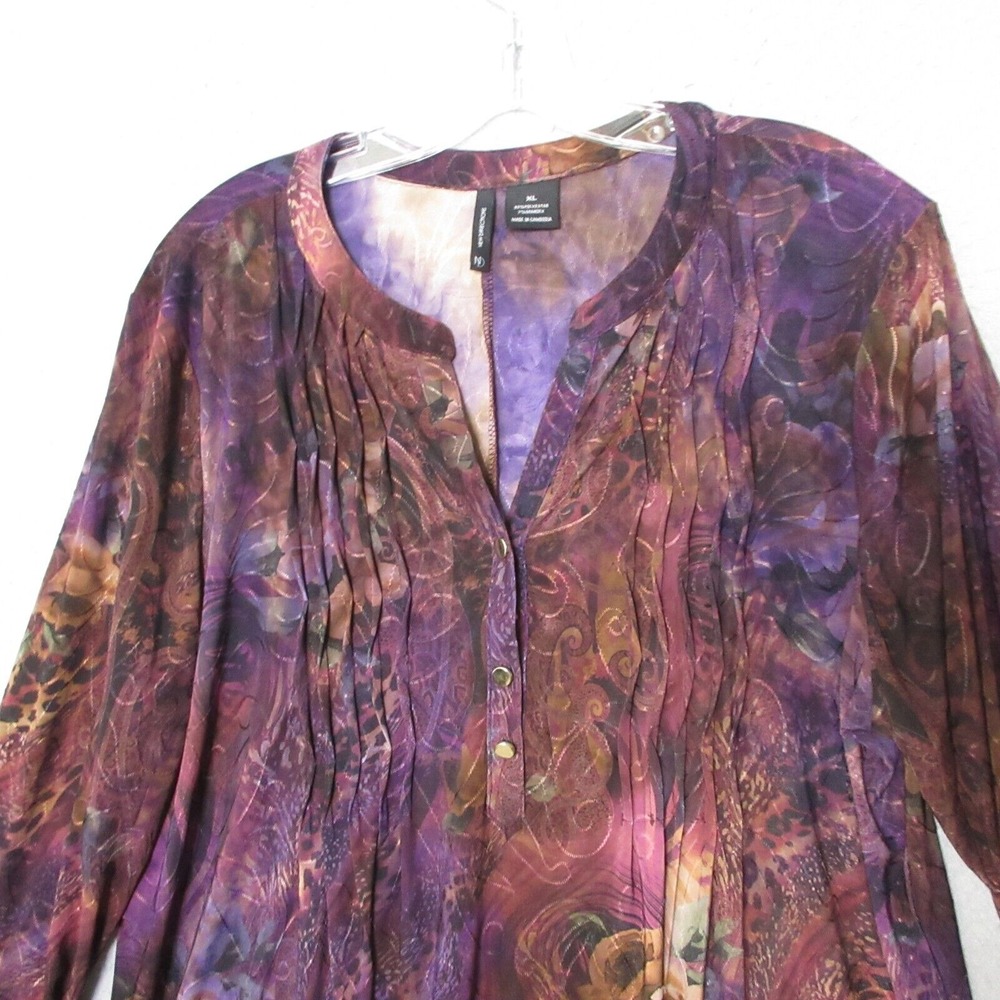 New Direction‎ Top Tunic XL Dark Floral Popover Pleated Boho Flowy Asymmetrical - Picture 2 of 10